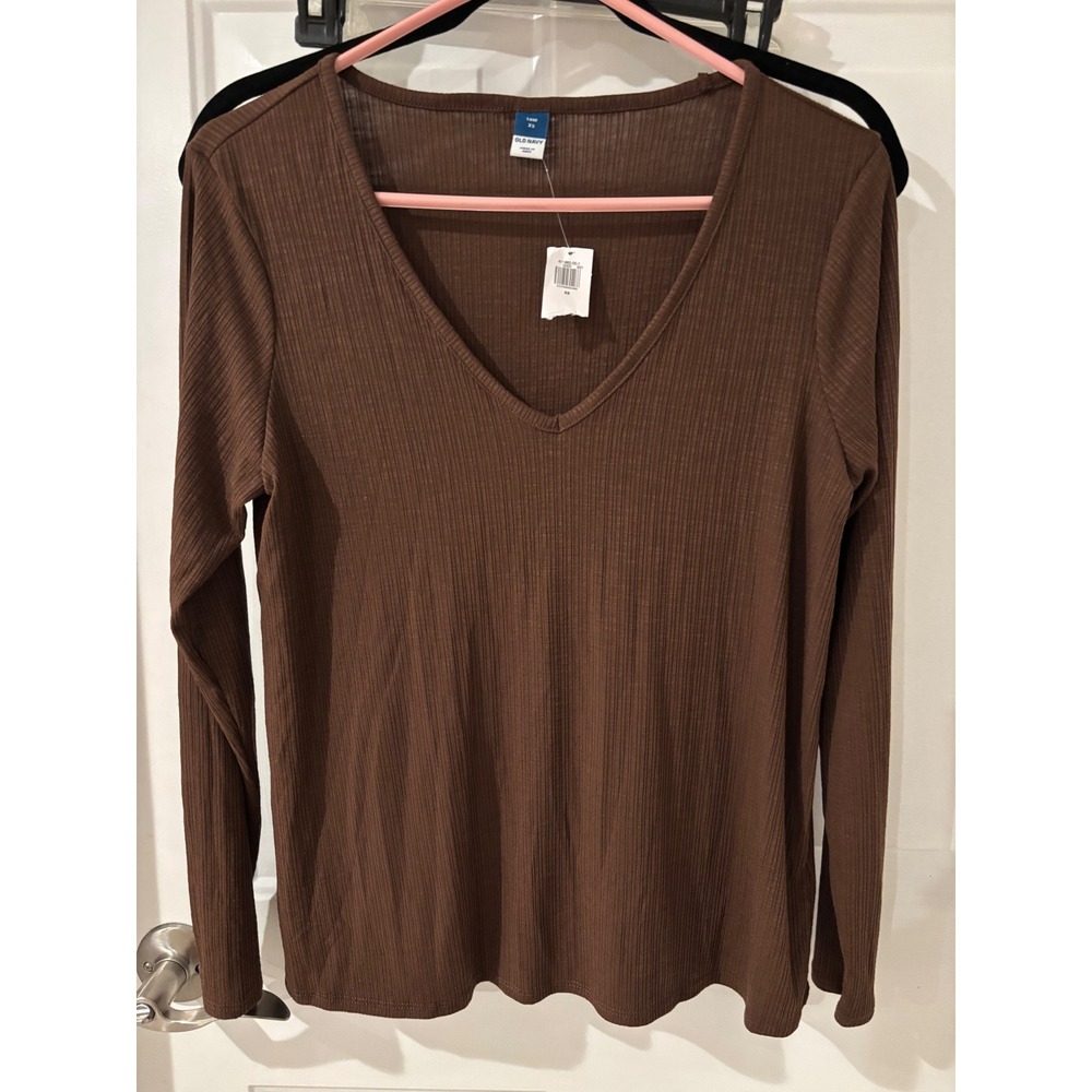 Old Navy Luxe Ribbed V-Neck Long Sleeve‎ Top Brown Basic Tee XS